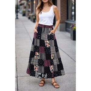 Jack Pot New York Patchwork Skirt  Womens Elastic Band boho flowy Vintage Small